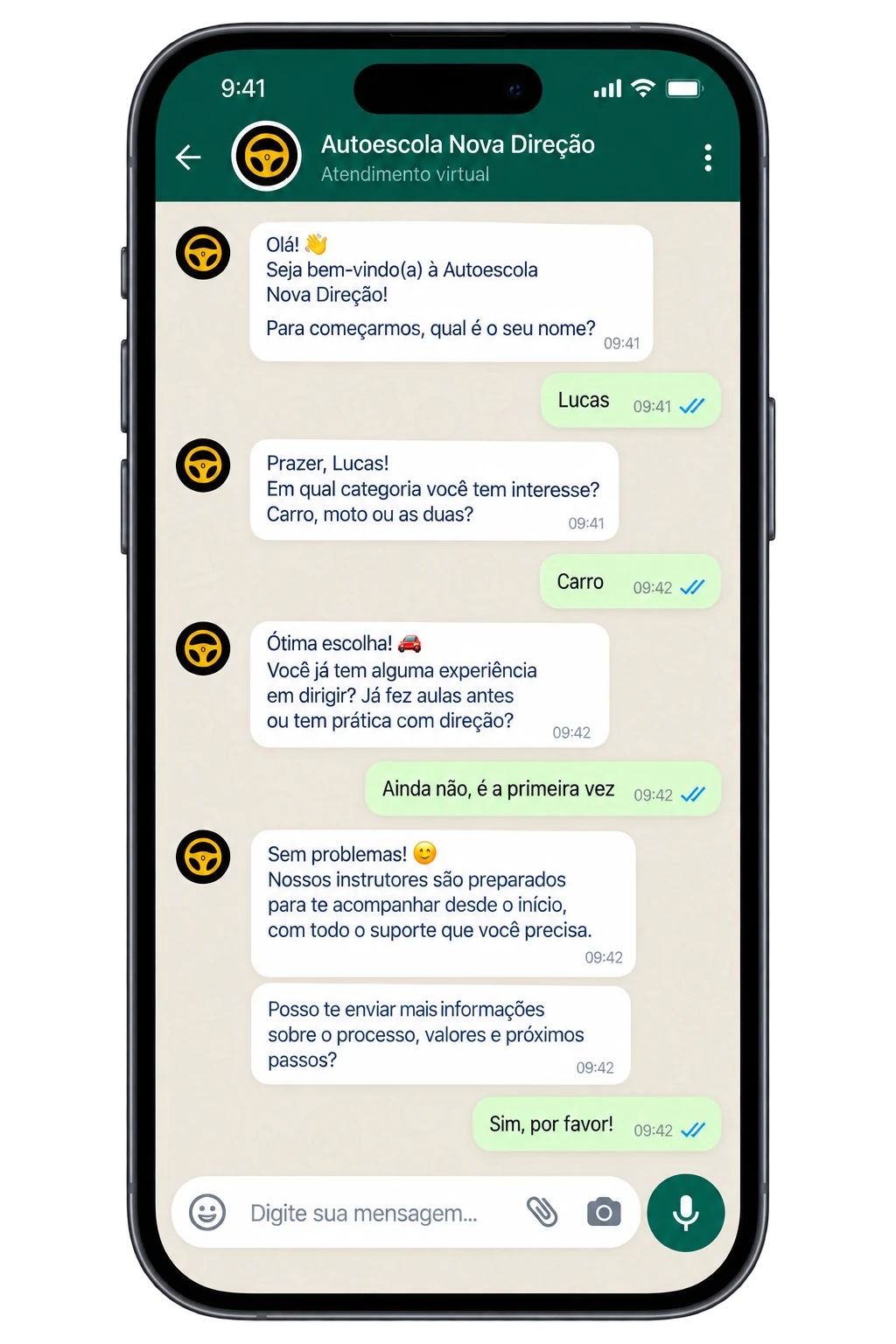 Exemplo de atendimento e qualificação de aluno de autoescola pelo WhatsApp