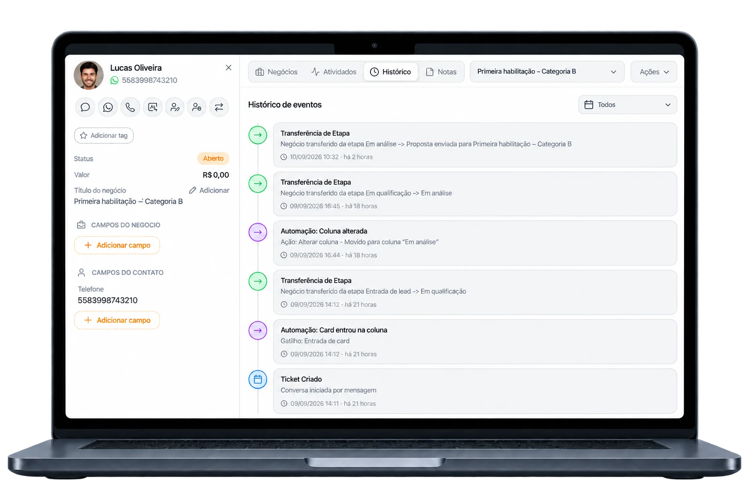 Acompanhamento de oportunidades de matrícula de autoescola pelo CRM