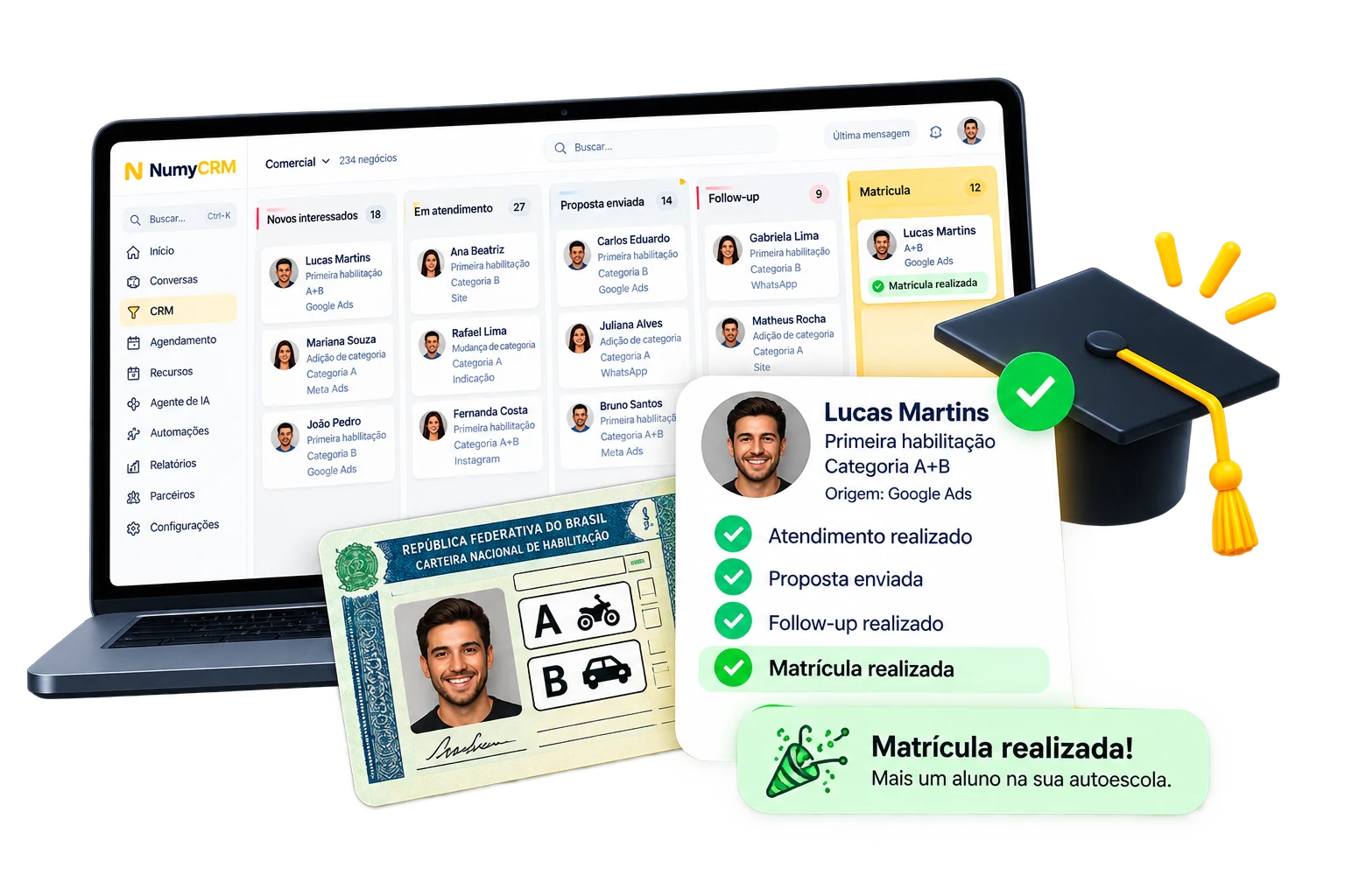 Oportunidade de aluno avançando pelo CRM até a matrícula na autoescola