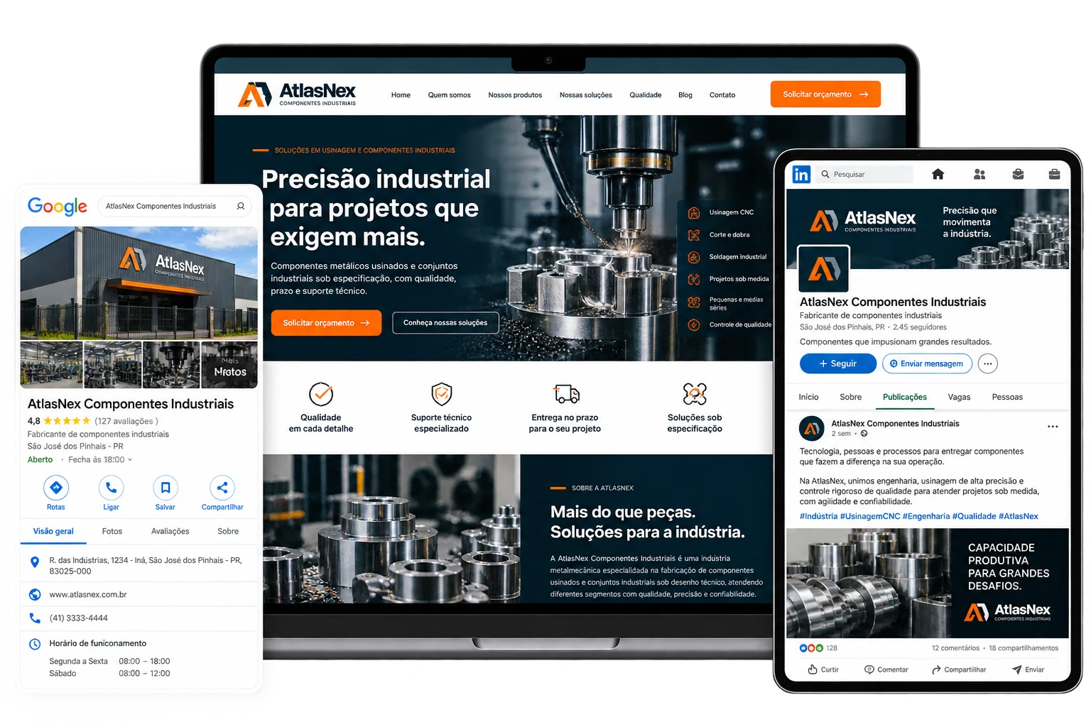 Exemplo de site, Google e LinkedIn da indústria fictícia AtlasNex