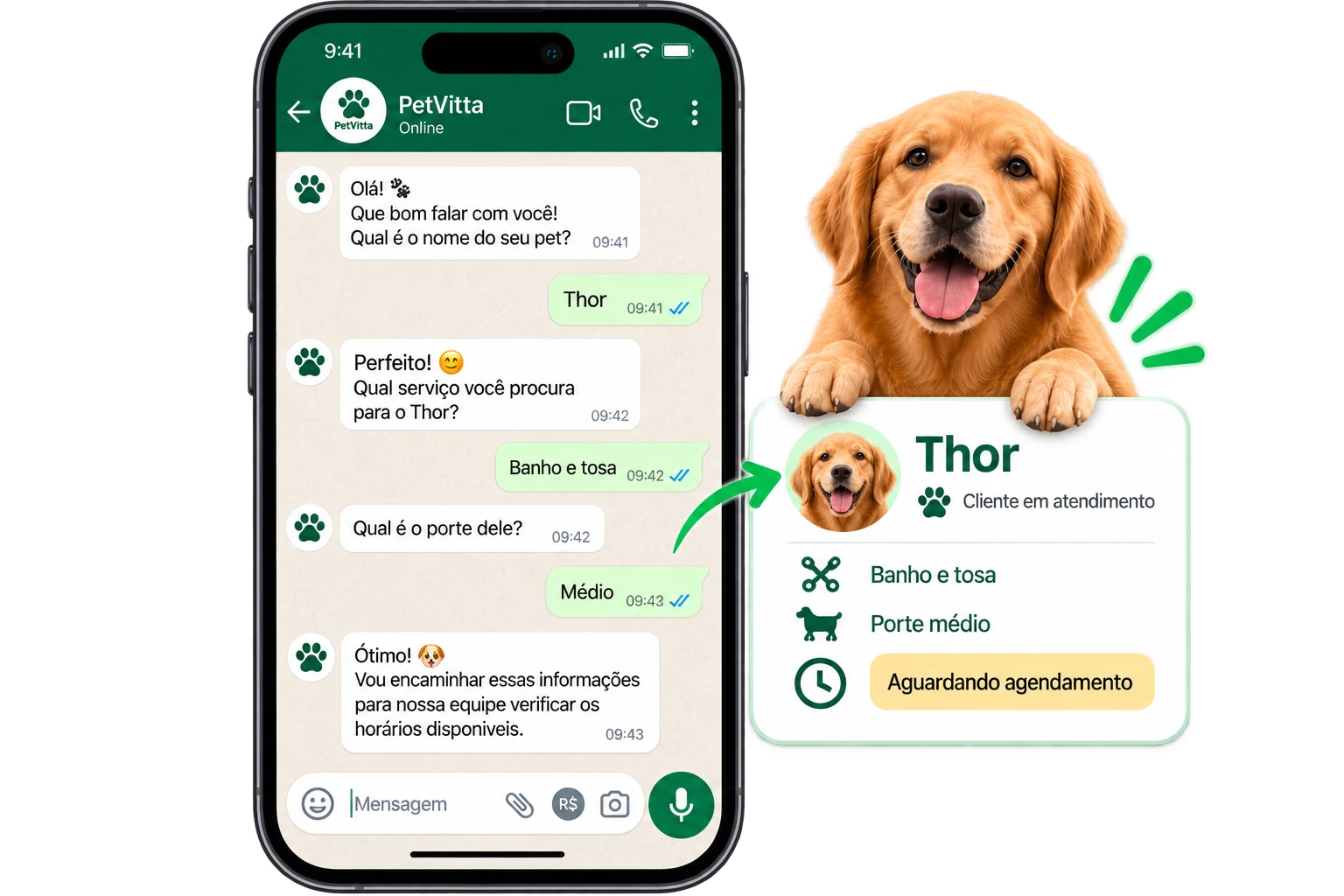Conversa ilustrativa no WhatsApp coletando nome do pet Thor, banho e tosa e porte médio