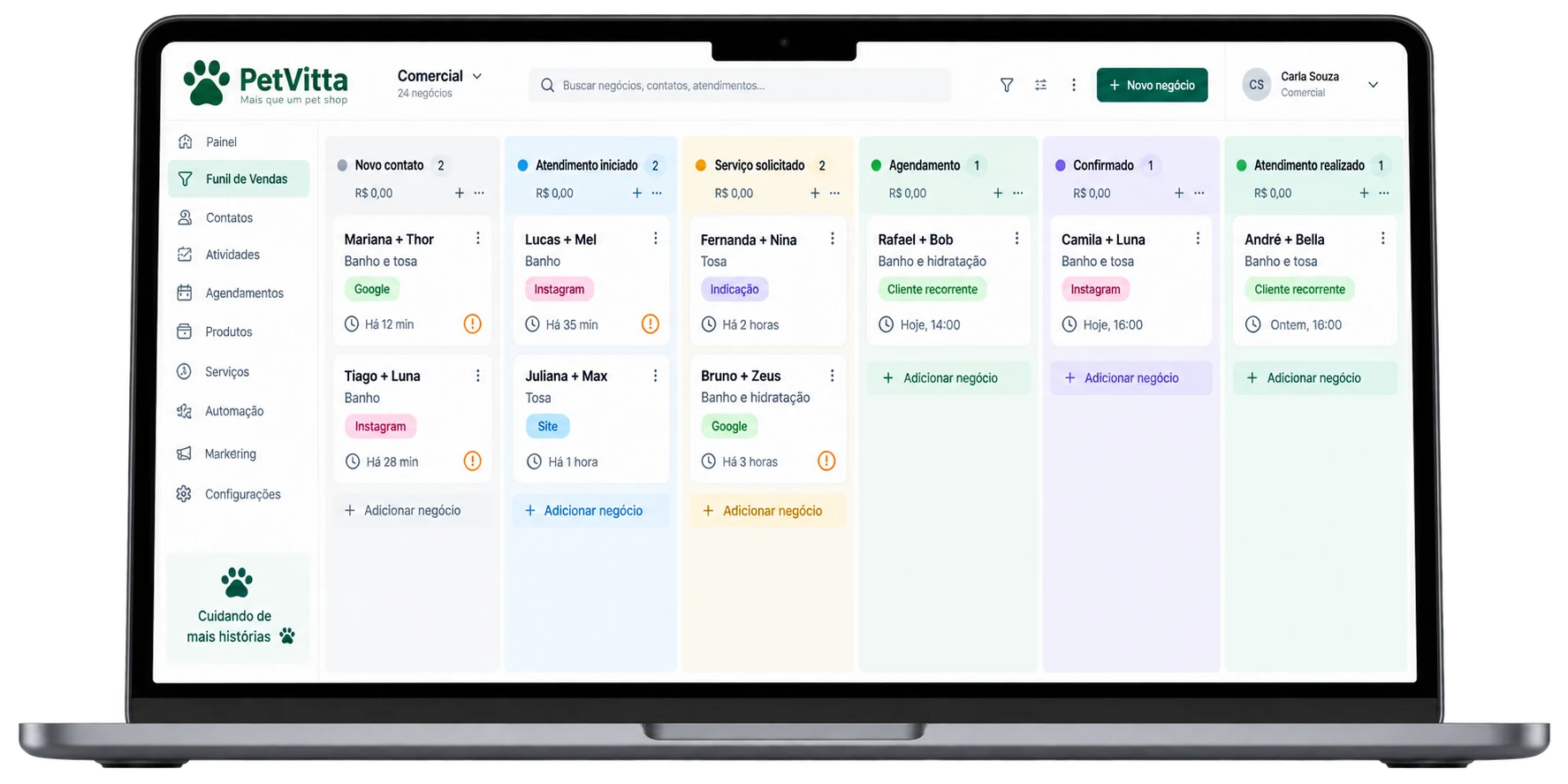 Demonstração de CRM para pet shops com contatos, etapas e agendamentos