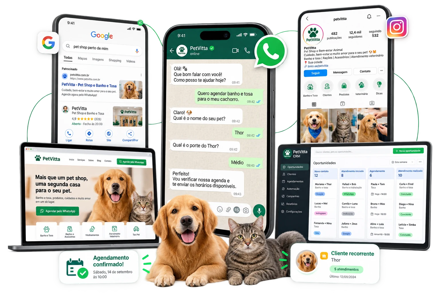Exemplo ilustrativo PetVitta: Google, site, WhatsApp, CRM e relacionamento com clientes