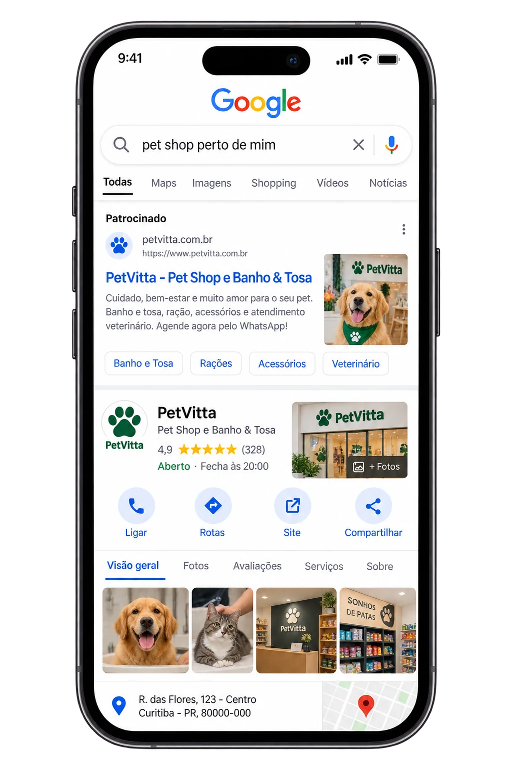 Pesquisa ilustrativa por pet shop perto de mim com a PetVitta no Google