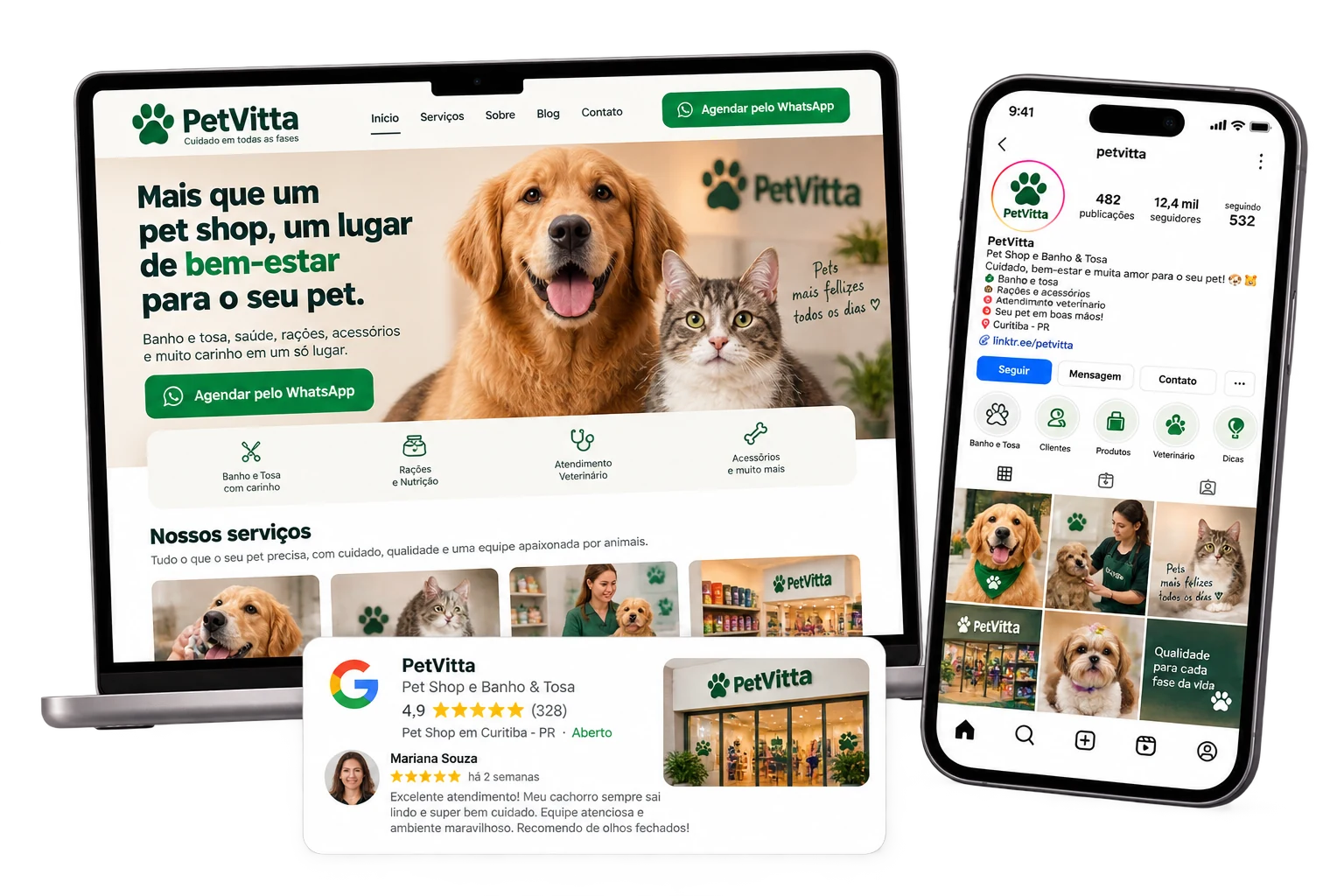 Site, Instagram e avaliação no Google da empresa fictícia PetVitta